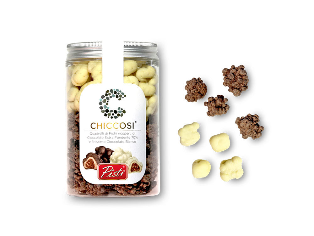 Quadrelli di fichi ricoperti di cioccolato bianco ed extra fondente | Pisti Shop