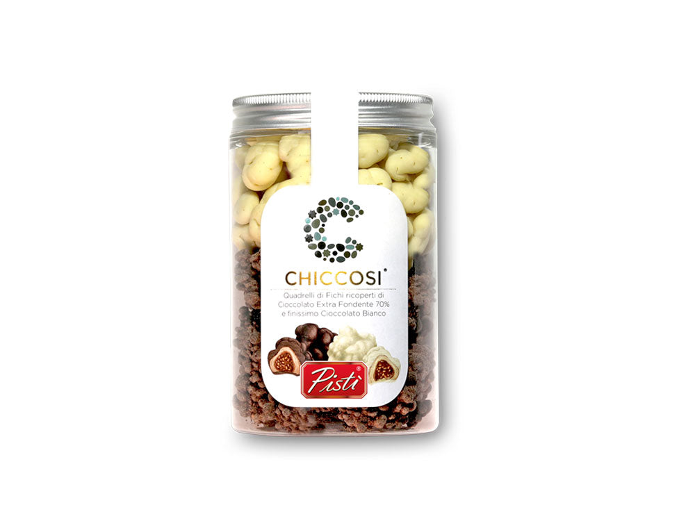 Quadrelli di fichi ricoperti di cioccolato bianco ed extra fondente | Pisti Shop