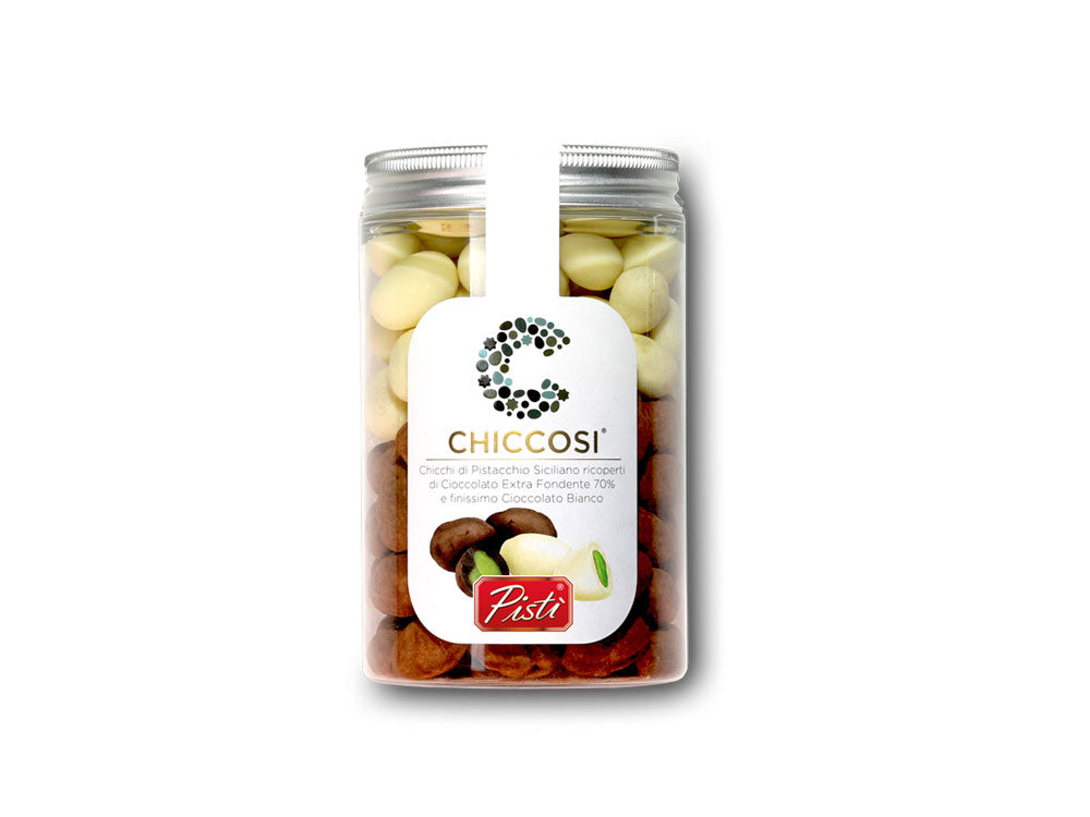 Chicchi di Pistacchio ricoperti di cioccolato bianco ed extra fondente | Pisti Shop