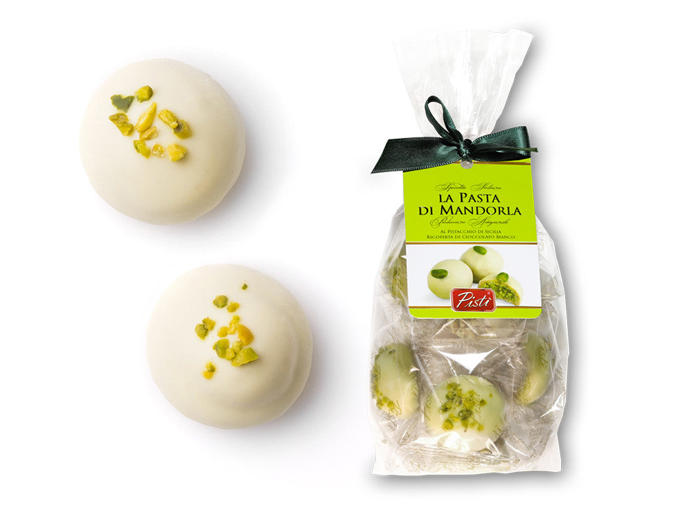 Pasta di Mandorla al Pistacchio ricoperta di cioccolato bianco | Pisti Shop