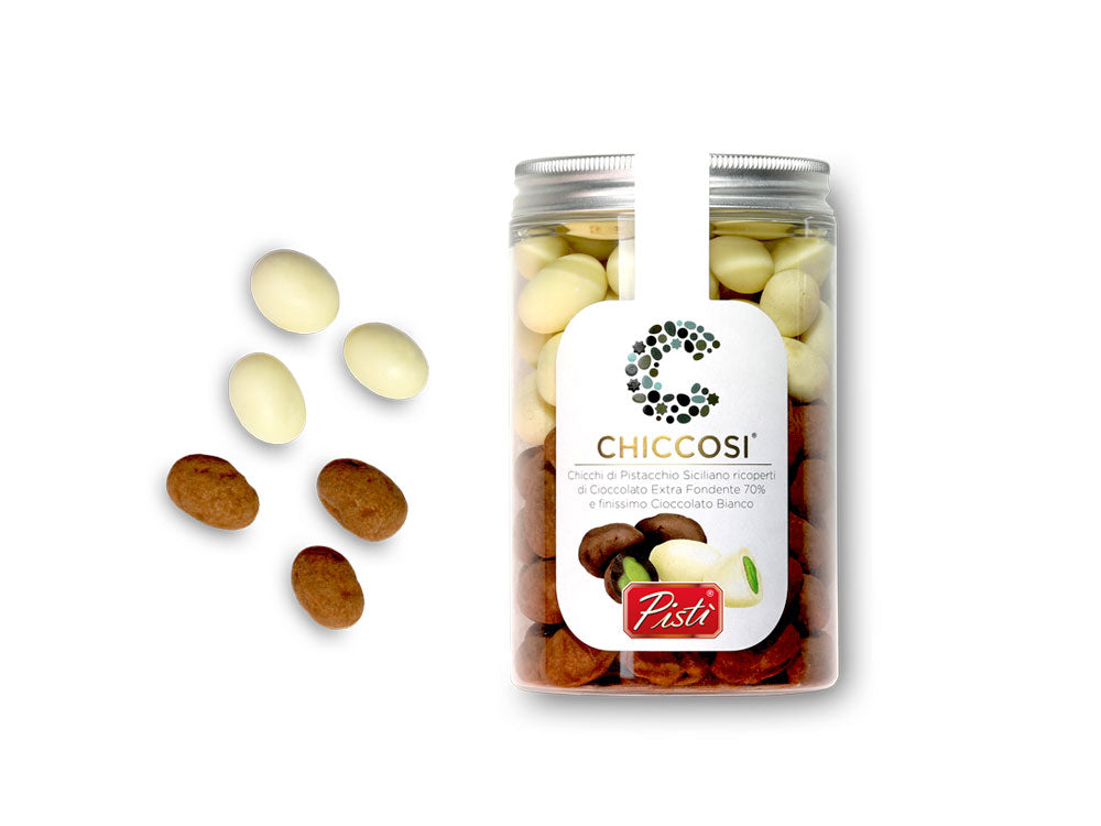 Chicchi di Pistacchio ricoperti di cioccolato bianco ed extra fondente | Pisti Shop