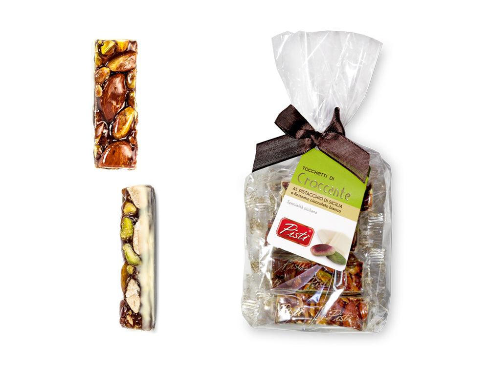Tocchetti di Croccante al Pistacchio e Mandorla al Cioccolato bianco