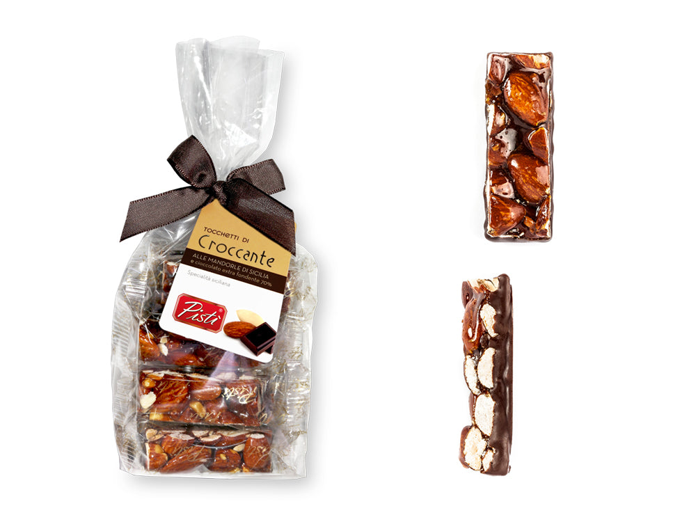 Tocchetti di Croccante alla Mandorla di Sicilia al cioccolato fondente